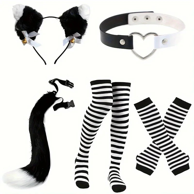 Role playing costume set with black and white stripes, furry tail, gloves and socks, acting props for Halloween