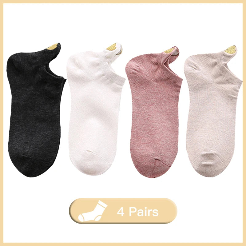 4 Pairs Lot Fashion Socks Women 2026 New Spring Cotton Color Novelty Girls Cute Heart Embroidery Casual Funny Ankle Socks Pack