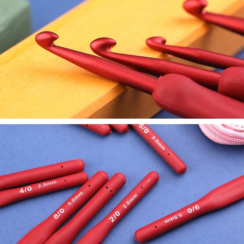 9PCS Red Crochet Hook Ergonomic Handle for Arthritic Hands Extra Long  Knitting Needles for Beginners and Crocheting Yarn
