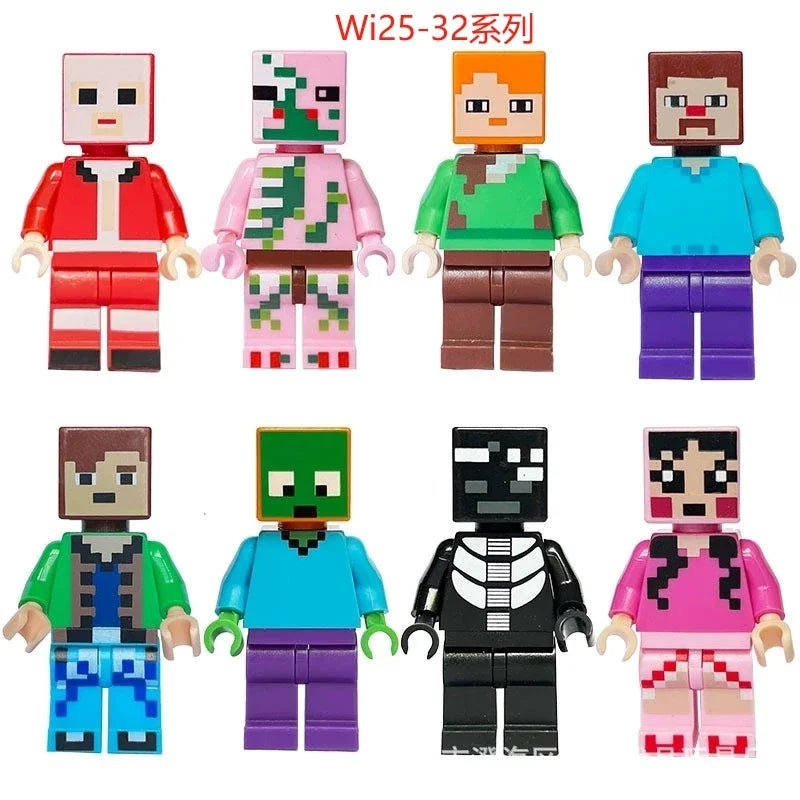 8pcs/lot Minecrafte Creeper Small Building Blocks EnderDragon DIY Steve Cube Skeleton Horse Figures Mini Building Block For Kids