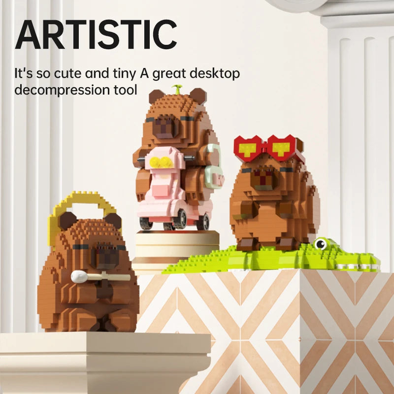 "Cute Capybara Block Figure - Desktop Decor Model with Orange Accessory | Meme Lover's Collectible"
