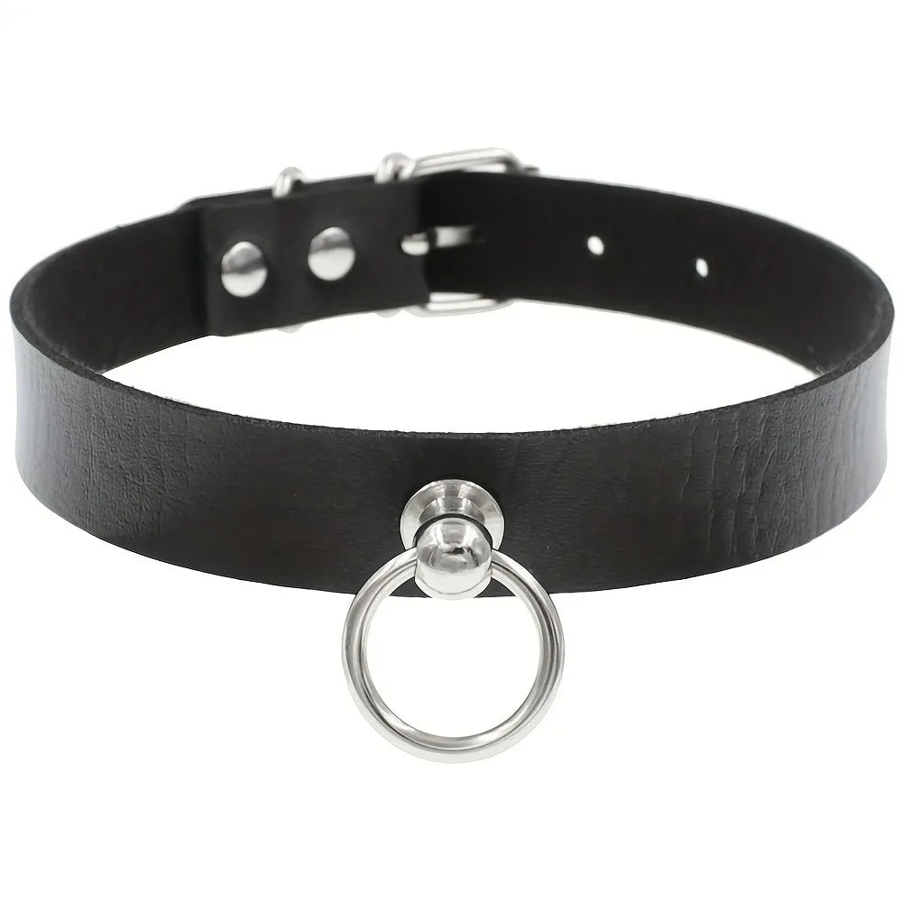 Gothic Punk Pu Leather Choker With O-Ring - Adjustable Collar Necklace For Women, Perfect For Halloween & Everyday Wear