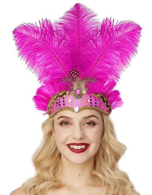 Women Carnival Crystal Crown Feather Headpieces 1920s Flapper Headband Show Girl Feather Headdress Mardi Gras Accessories