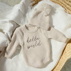 Ylsteed Hello World Knitting Newborn Photography Romper with Matching Pomp Hat Baby Boy Girl Sweater Outfits for Photo Shooting