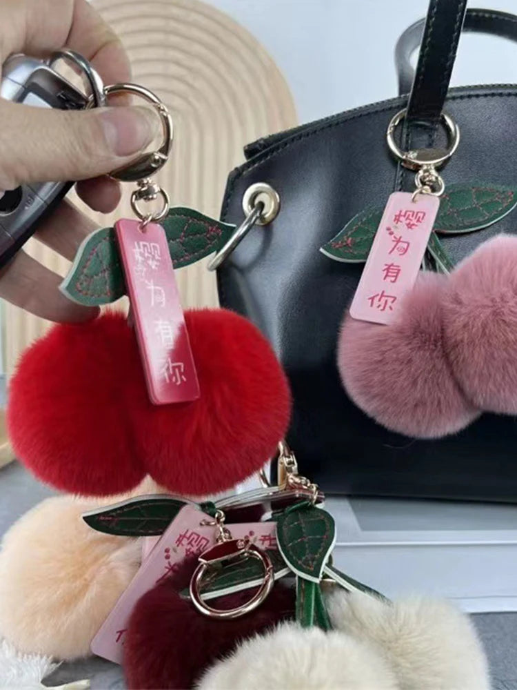 Keychain Key Fob Bag Pendant Fluffy Cherry Keyring Bag Hanging Leaf Artificial Rabbit Fur Ball Key Holder Plush Bag Accessories