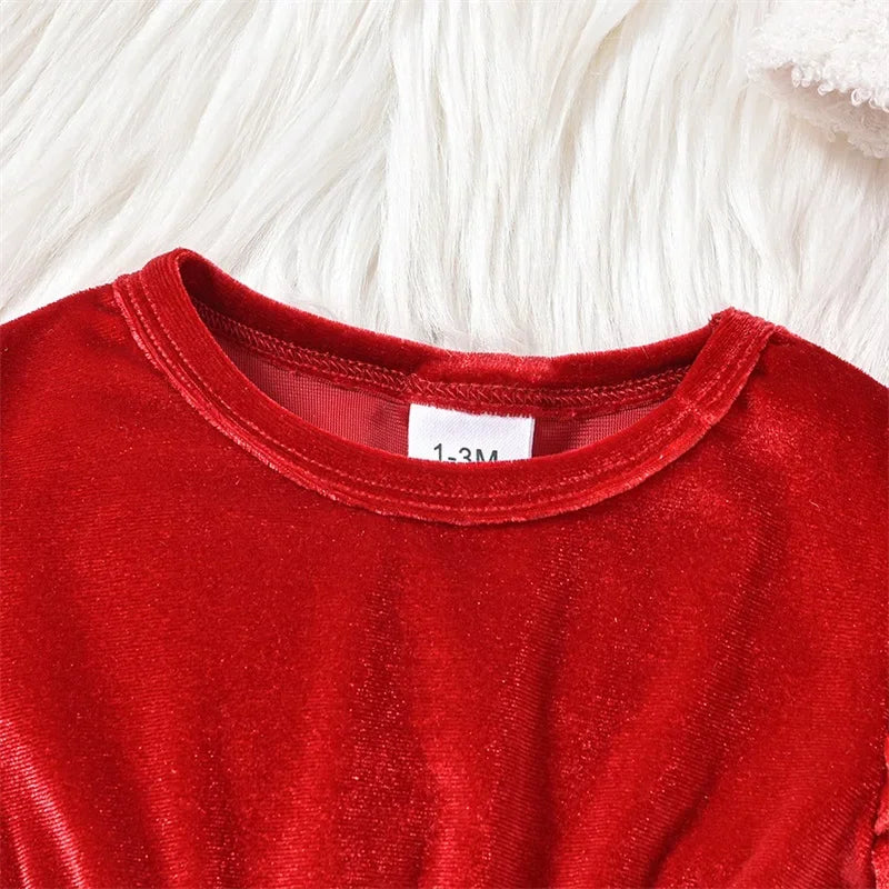 VISgogo 0-18 Months Baby Girls Christmas Velvet Romper Dress Terry Trim Long Sleeve Jumpsuit Santa Hat Adorable Fall Outfits