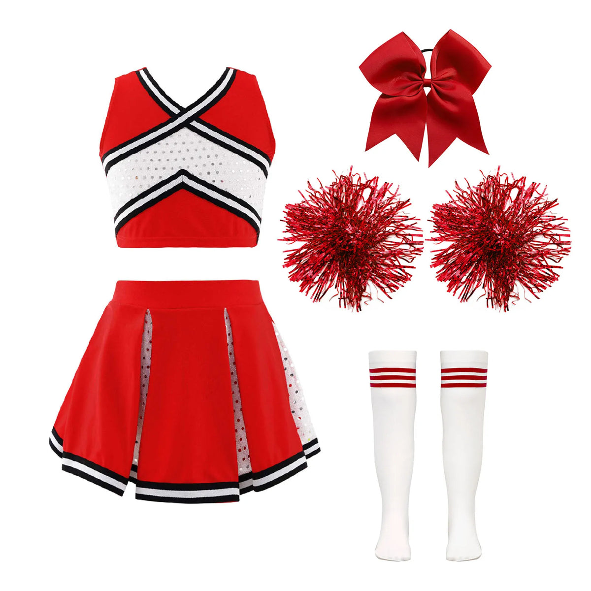 Girl Cosplay Cheerleader Costume Cheerleading Uniform Outfit Sequins Crop Top Skirt with Socks School Girls Dancewear Sets