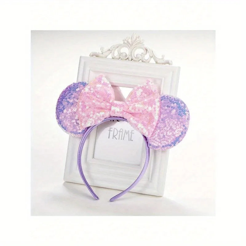1pc Disney Cute Cartoon Minnie Headband Sequins Ears Bow Hair Hoops Purple Pink Women's Headband for Holiday Party Perfect Gifts