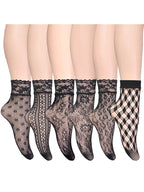 6-Pair /Set Summer Black White Sexy Lace Socks Thin Hollow Jacquard Fishing Net Short Stockings