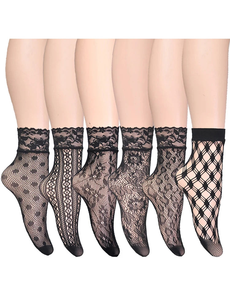 6-Pair /Set Summer Black White Sexy Lace Socks Thin Hollow Jacquard Fishing Net Short Stockings