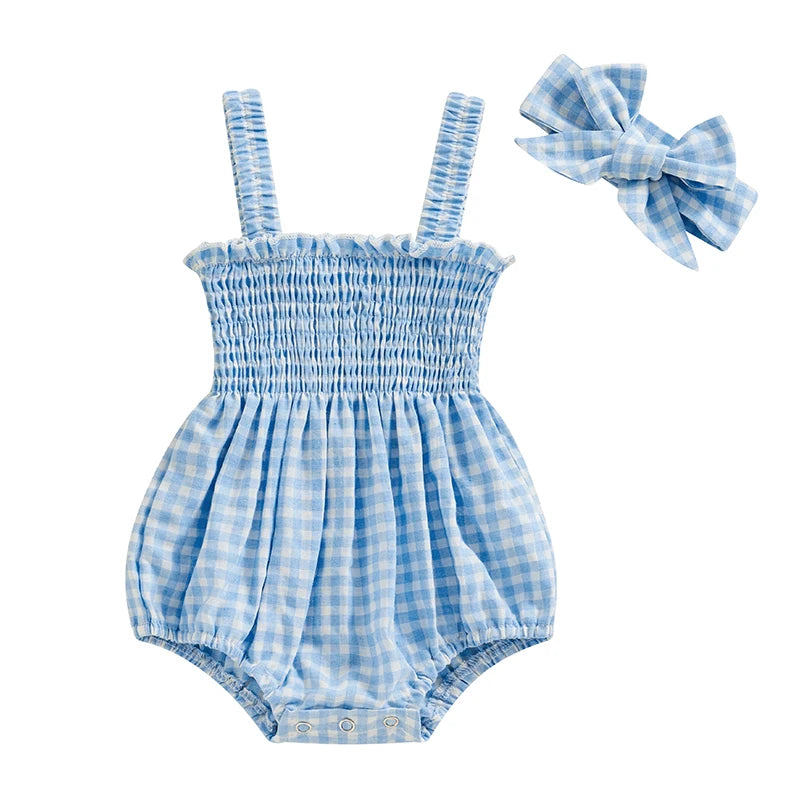 Newborn Baby Girl Romper Summer Sleeveless Smocked Cotton Linen Clothes Outfit with Headband