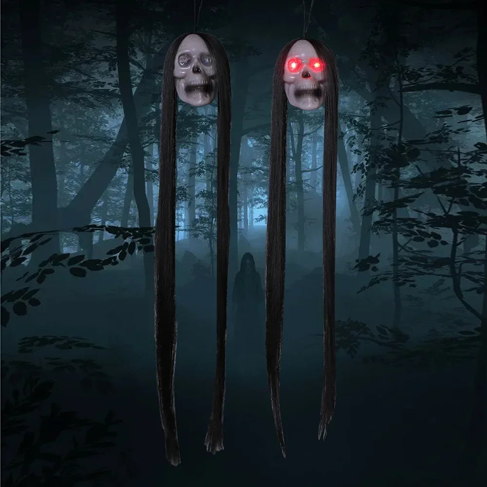 Halloween Hanging Ghost Skull with Long Hair Glowing Eyes Terror Skull Ghost House Head Skeleton Props 2024 Halloween Decoration