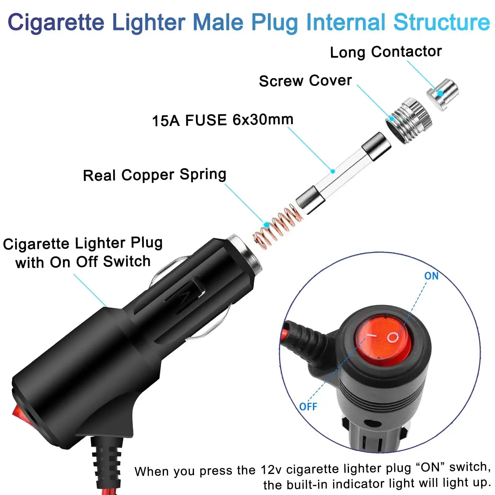 Portable 12V On Off Switch Button for car charger Extension Cable Socket Cord Car Cigarette lighter plug cable male connector