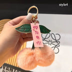 Keychain Key Fob Bag Pendant Fluffy Cherry Keyring Bag Hanging Leaf Artificial Rabbit Fur Ball Key Holder Plush Bag Accessories