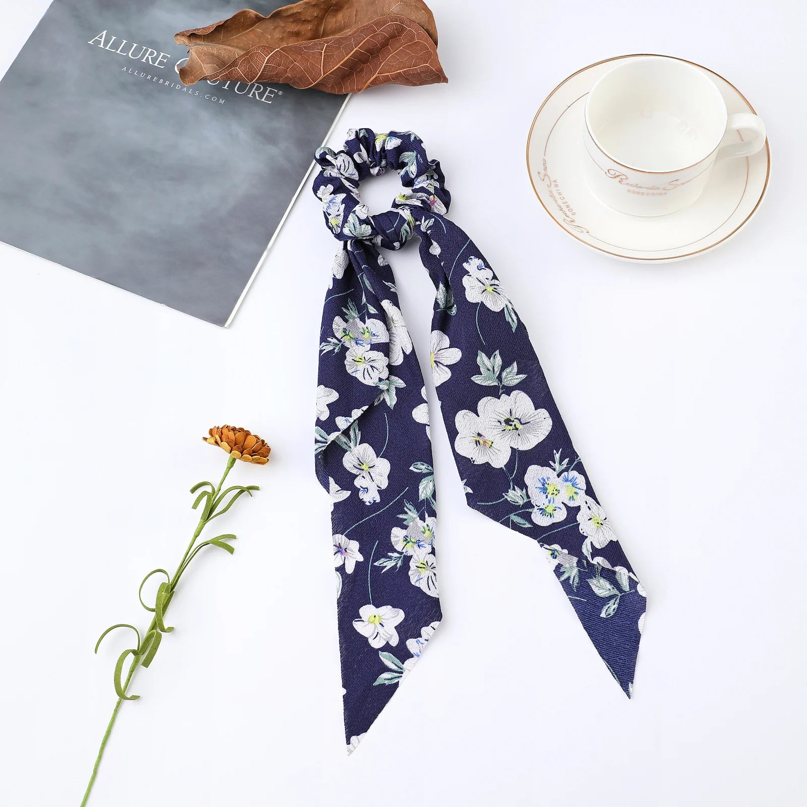 Fashion Flower Print Bow Satin Long Ribbon Ponytail Scarf Tie Scrunchies Women Girls Elastic Bands Hair Accessories