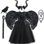 Halloween Costume For Kids Black Witch Dress Luxury Lace Sequin Evil Role Playing Costume Maleficent Dress Up Outfit Ghost Bride