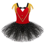 Kids Girls Circus Ringmaster Costume Halloween Cosplay Sequin Mesh Tulle Tutu Dress Carnival Party Stage Performance Dancewear