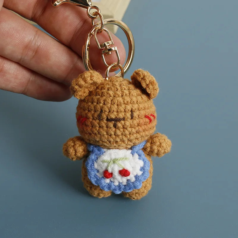 Cute Small Bear Doll Keychain For Couple Gifts Handmaking Crochet Cartoon Bear Keychain Knitting Animal Doll Custom Accessories