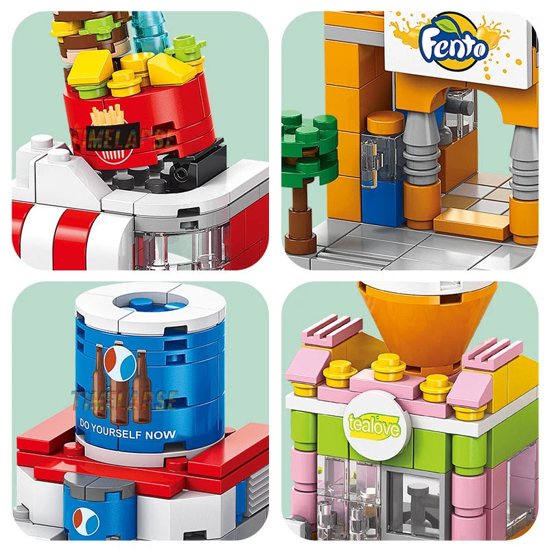 NEW DIY Restaurant Coffee Milk Tea Store Street View Food House Building Blocks Kit Girls Bricks Movie Model Toy