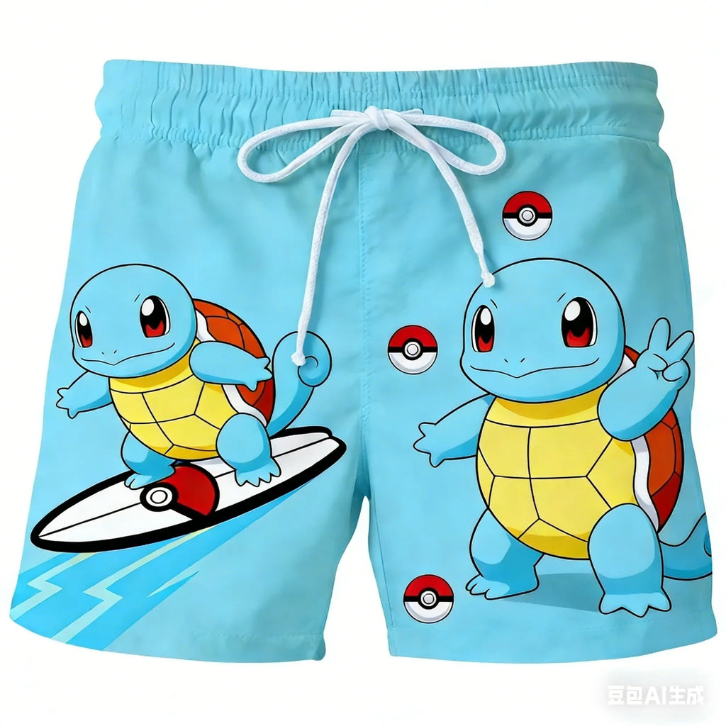 Pokemon Men's Beach Shorts 3D Print Anime Pikachu Gengar Board Shorts Summer Casual Trunks Elastic Waist Sports Shorts Men Boys