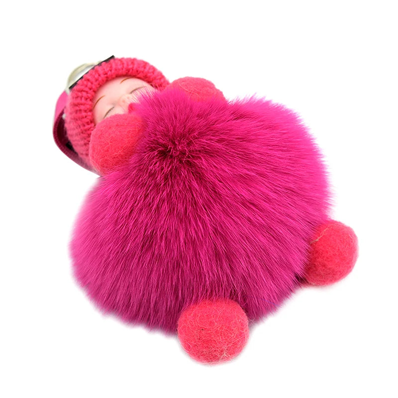Pompom Sleeping Baby Keychain Cute Fluffy Plush Doll Keyholder Women Girl Bags Keyrings Cars Key Ring Gift Charming Decoration