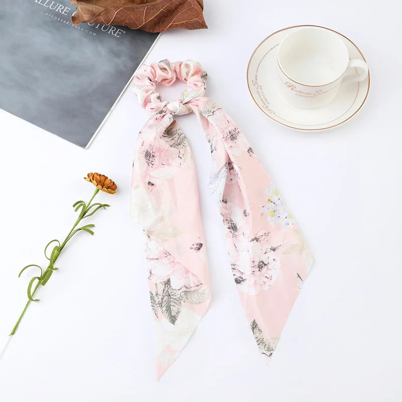Fashion Flower Print Bow Satin Long Ribbon Ponytail Scarf Tie Scrunchies Women Girls Elastic Bands Hair Accessories