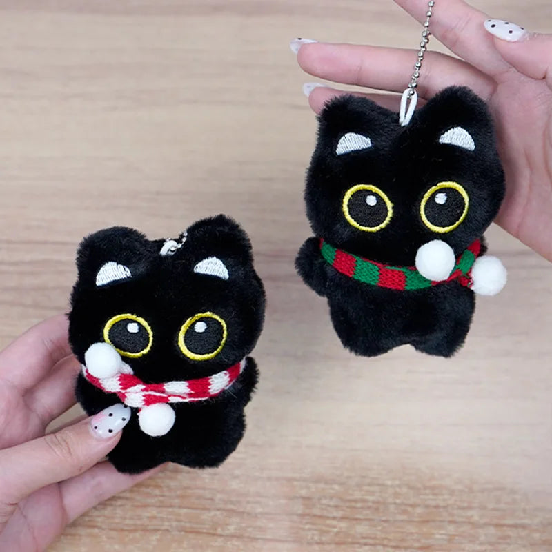 Cute Mini Black Cat Pendant Keychain Cartoon Plush Kitten Doll Charms With Beaded Chain Cuddly Black Kitten For Boys Girls Gifts