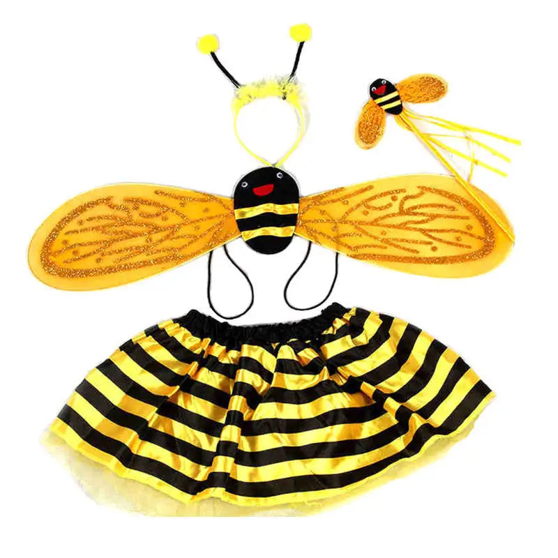 4 Piece Yellow Bee Cosplay Costume Halloween Girls Bee Antennae Headband Hairband Wings Magic Wand Funny Dress Fairy Props Set