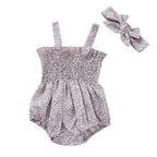 Newborn Baby Girl Romper Summer Sleeveless Smocked Cotton Linen Clothes Outfit with Headband