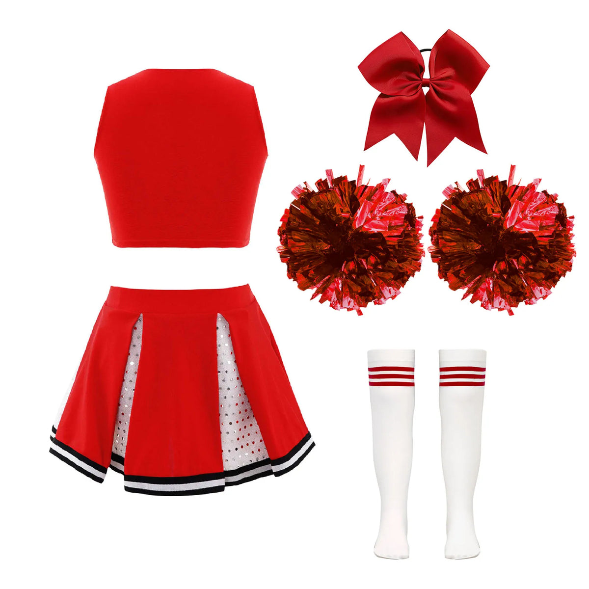 Girl Cosplay Cheerleader Costume Cheerleading Uniform Outfit Sequins Crop Top Skirt with Socks School Girls Dancewear Sets