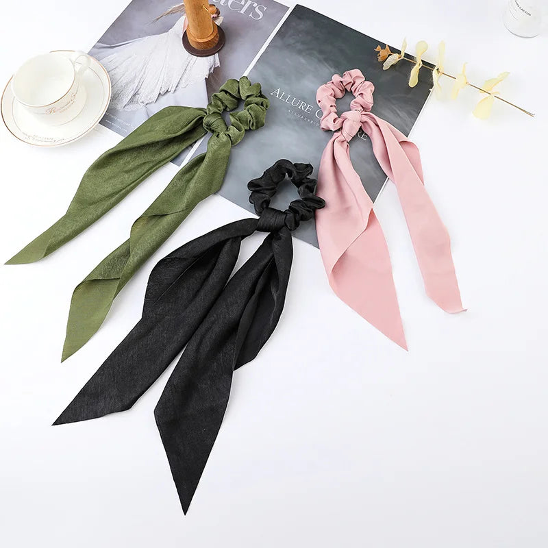 Fashion Flower Print Bow Satin Long Ribbon Ponytail Scarf Tie Scrunchies Women Girls Elastic Bands Hair Accessories