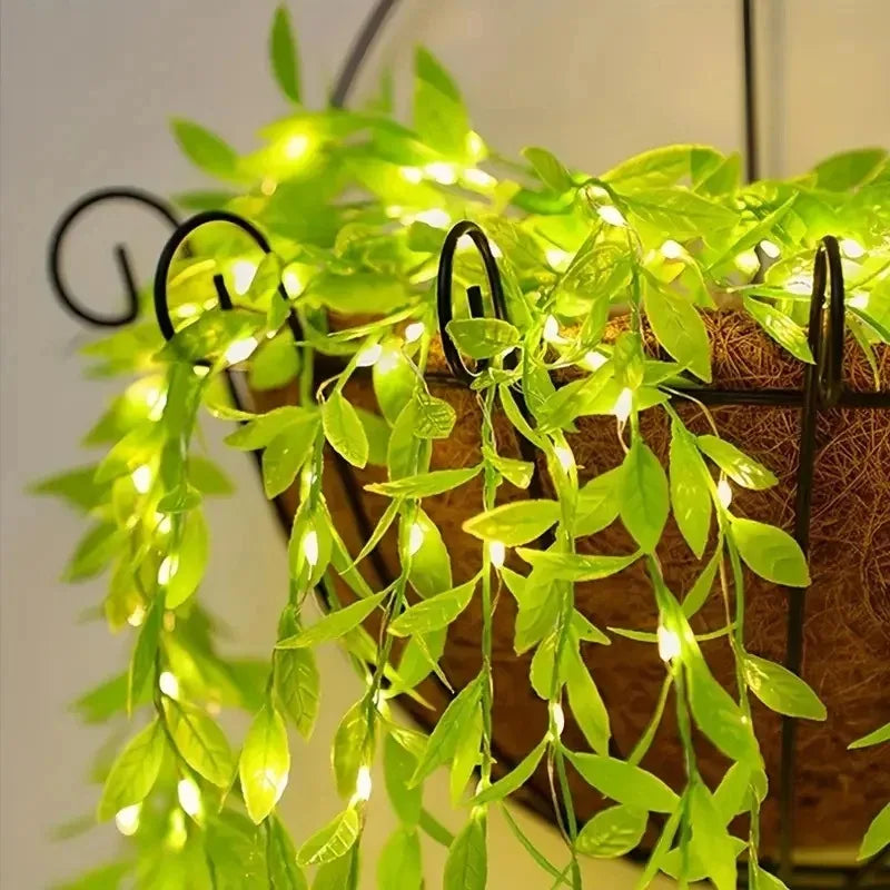 LED Green Leaf Fake Plant String Lights LED Battery Powered for Wall Room Office Birthday Home Bedroom Halloween Christmas Decor