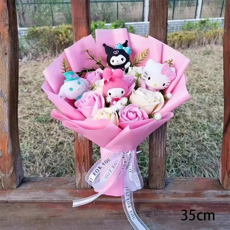 Hello Kitty Plush Bouquet with Rose Kawaii Anime Fluffy Stuffed Plush Doll Christmas Valentine's Day Holiday Birthday Gift