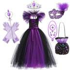 Maleficent Neck Dress Girls Halloween Theme Cosplay Costume Handmade Woven Tulle Dress Evil Role Playing Outfits Luxury Gown