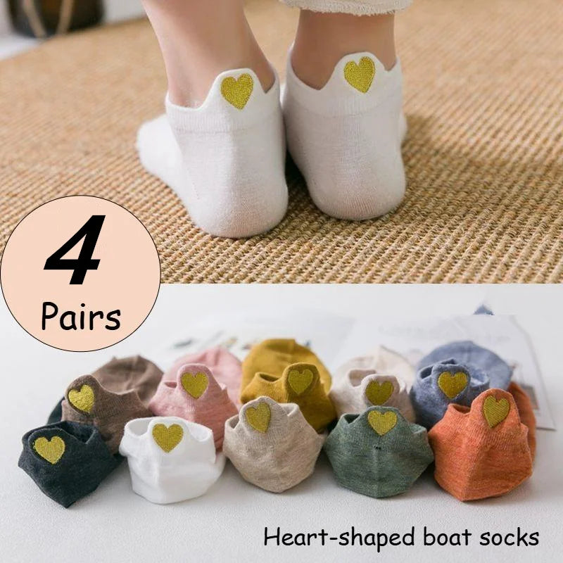 4 Pairs Lot Fashion Socks Women 2026 New Spring Cotton Color Novelty Girls Cute Heart Embroidery Casual Funny Ankle Socks Pack