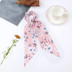 Fashion Flower Print Bow Satin Long Ribbon Ponytail Scarf Tie Scrunchies Women Girls Elastic Bands Hair Accessories
