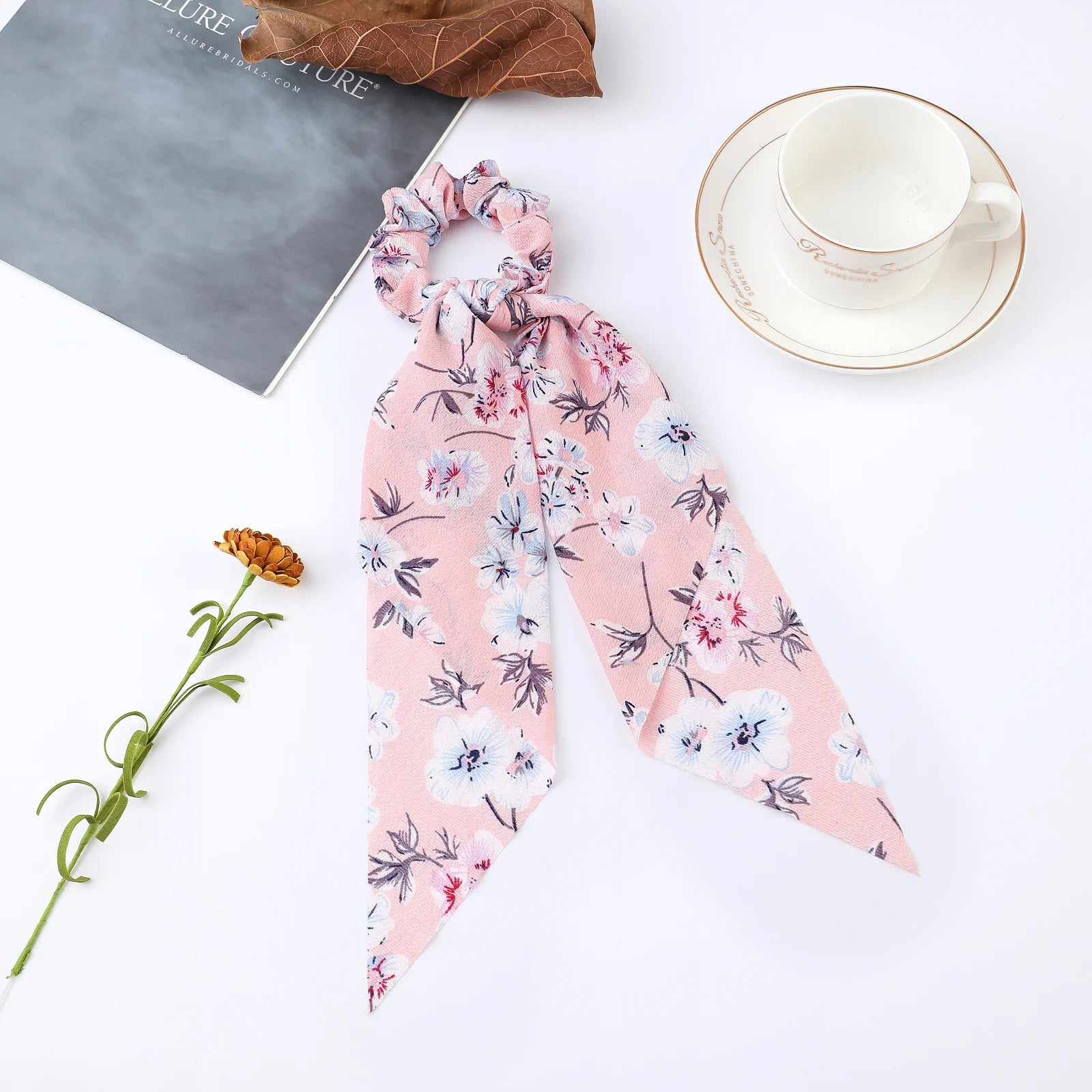 Fashion Flower Print Bow Satin Long Ribbon Ponytail Scarf Tie Scrunchies Women Girls Elastic Bands Hair Accessories