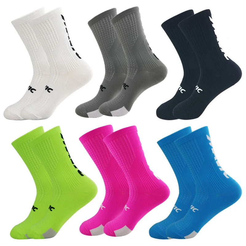 5 Pairs Cycling Socks Men Letter Breathable Bicycle Sport Running Socks Mid Tube Compression Outdoor Racing MTB Road Bike Socks