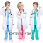 Kids Doctor Nurse Cosplay Costume, V Neck Surgical Uniform for Boys Girls, Halloween Party Role Play Dress Up Outfit