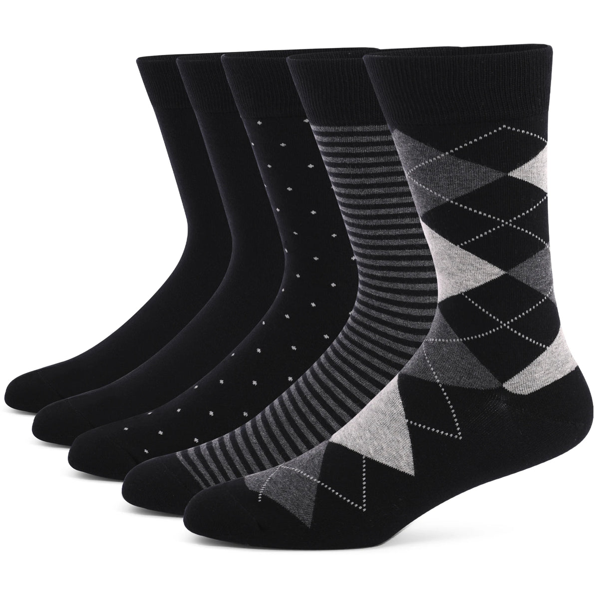 5 Pairs Mens Dress Socks Plus Large Size，High Quality Combed Cotton Crew Socks，Black Cool Argyle Breathable Casual Socks for Men