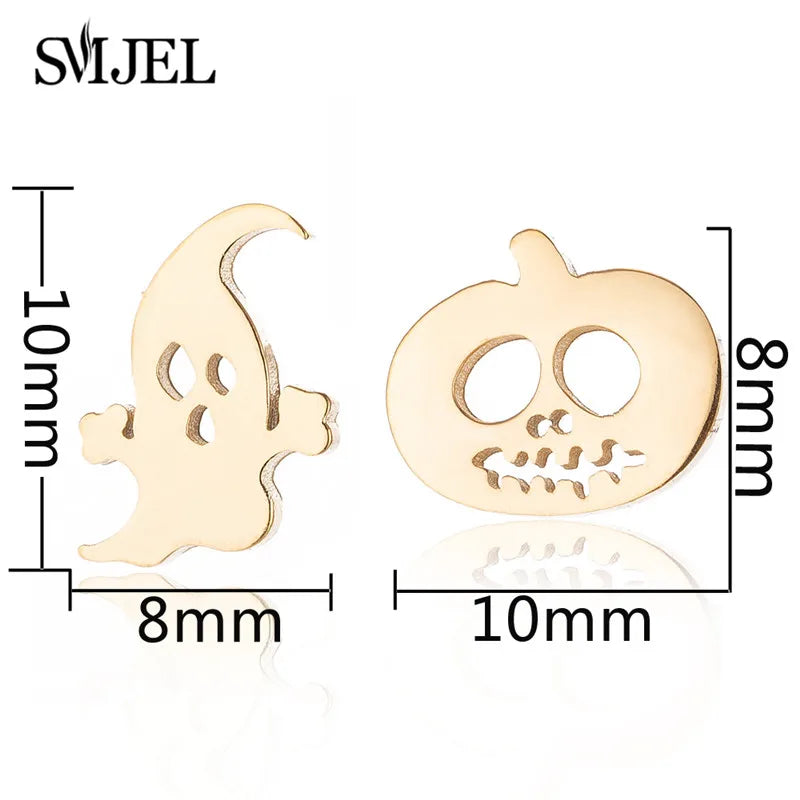 Punk Halloween Earring Black Stainless Steel Ghost Pirate Skull Stud Earrings Women Men Goth Pumpkin Spider Bat Ear Jewelry Gift