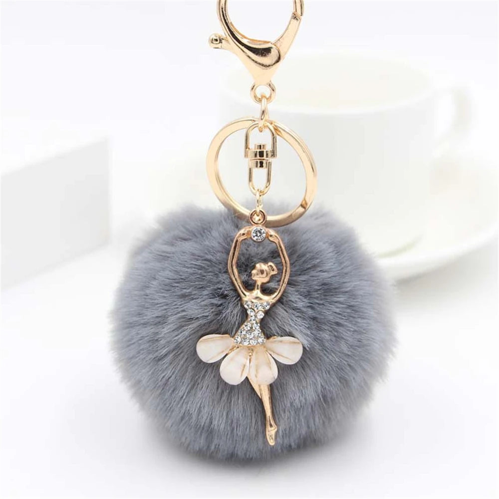 Fashion Rhinestone Ballet Dancer Keychain Cute Plush Ball Keyring for Women Girls Car Handbag Backpack Phone Pendant Accessories