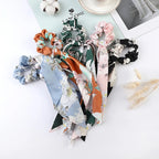 Fashion Flower Print Bow Satin Long Ribbon Ponytail Scarf Tie Scrunchies Women Girls Elastic Bands Hair Accessories