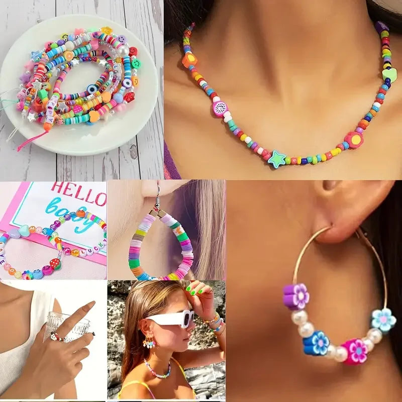 1200 Pcs Polymer Clay Beads Bracelet Making Kit, Animal Fruit Flower Butterfly Bunny Pony Letter Beads Charms for Jewelry making