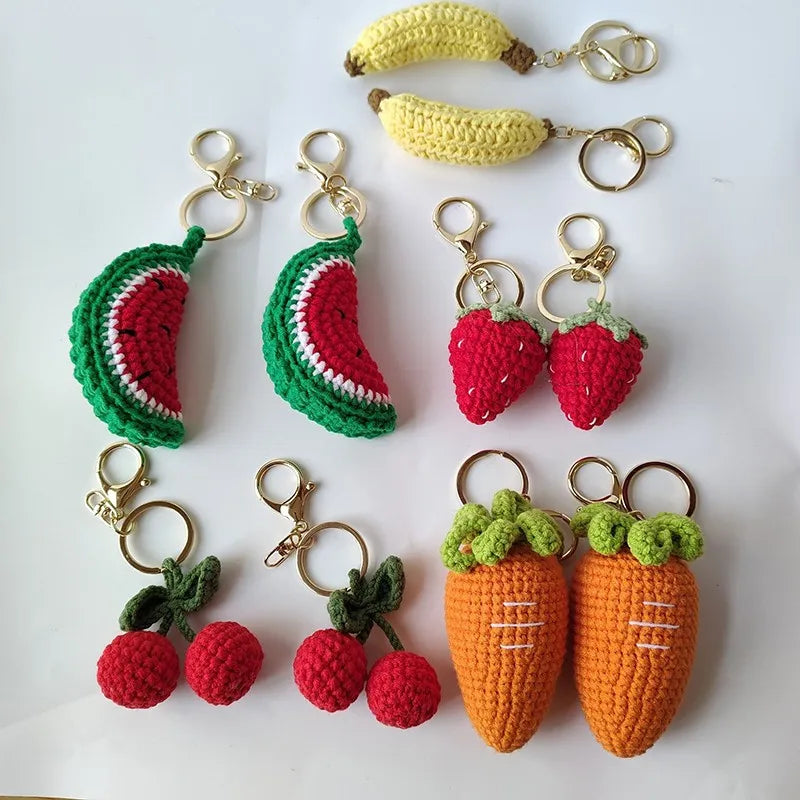 Cute Fruit Series Crochet Keychain Handmaking Knitted Strawberry Keyrings Cute Cherry Keyrings For Bag Pendant Custom Accessory