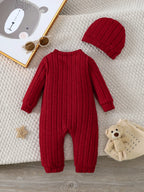 【Baby Boy】Autumn & Winter Red Onesie with Front Single-Breasted Buttons and Cute Bear Badge on Chest + Red Hat SetFeaturing a wa
