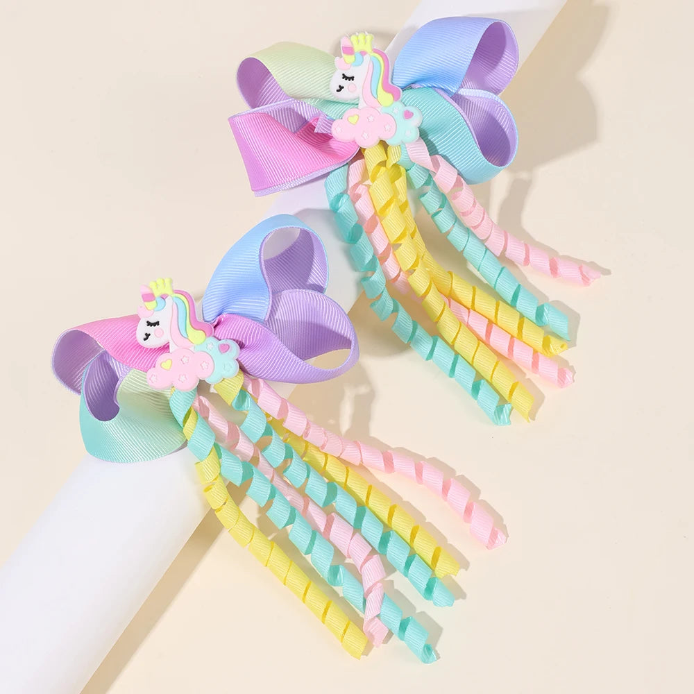 Sweet Unicorn Hair Clips For Girl Bow Barrette Cute Tassel Ribbon Curly Ponytail Hairpins Accessories