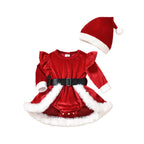 VISgogo 0-18 Months Baby Girls Christmas Velvet Romper Dress Terry Trim Long Sleeve Jumpsuit Santa Hat Adorable Fall Outfits