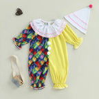 0-5Y Toddler Baby Clown Costume Boy Girl Funny Halloween Outfit Contrast Color Long Sleeve Jumpsuit with Hat