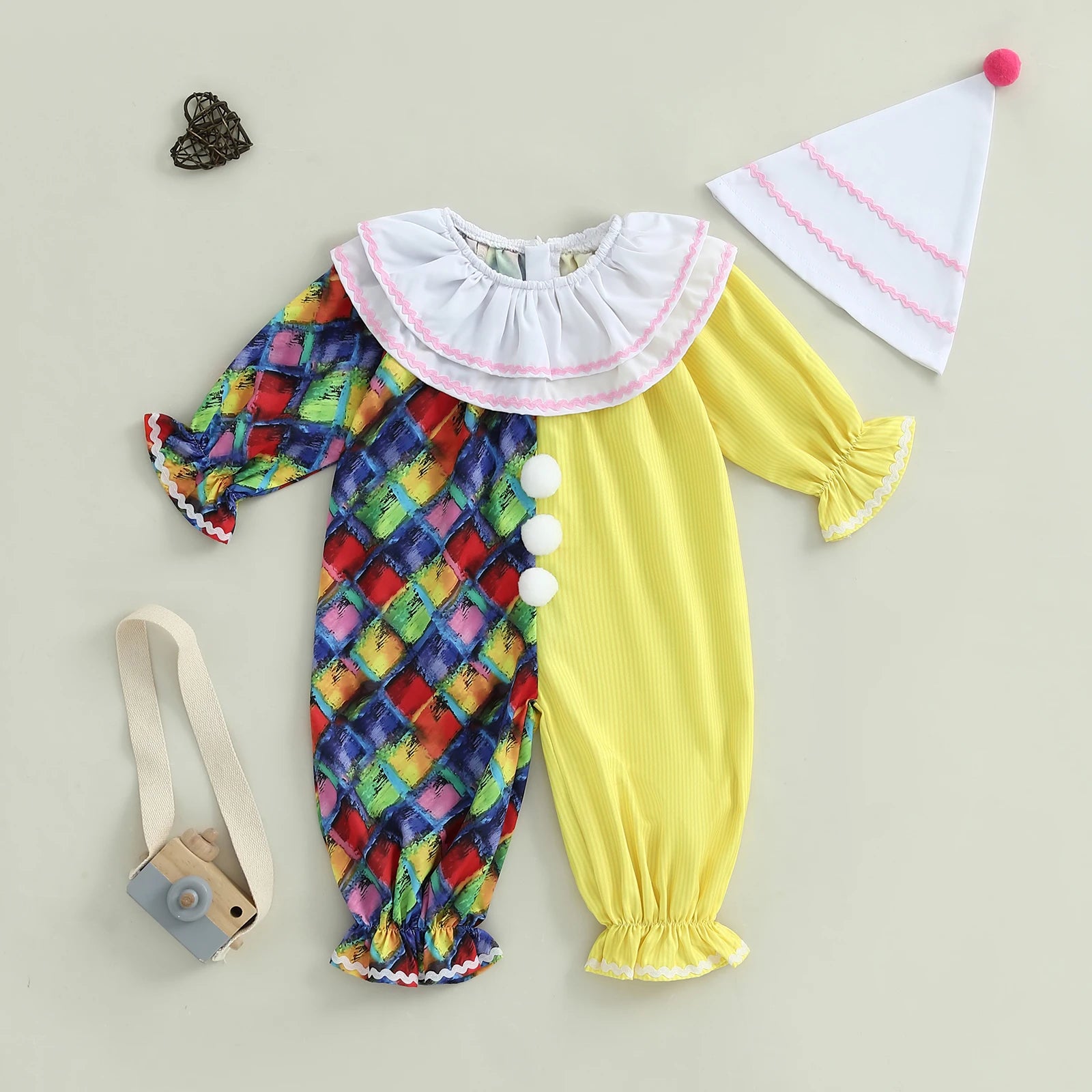 0-5Y Toddler Baby Clown Costume Boy Girl Funny Halloween Outfit Contrast Color Long Sleeve Jumpsuit with Hat